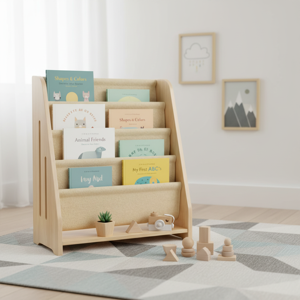 AMMEHOELA Kids Book Shelf Wooden Montessori Bookshelf Dutch Design 5Tier Scalloped,NaturalMapleWood Pattern