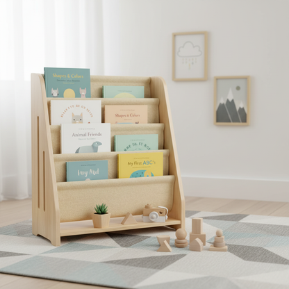 AMMEHOELA Kids Book Shelf Wooden Montessori Bookshelf Dutch Design 5Tier Scalloped,NaturalMapleWood Pattern