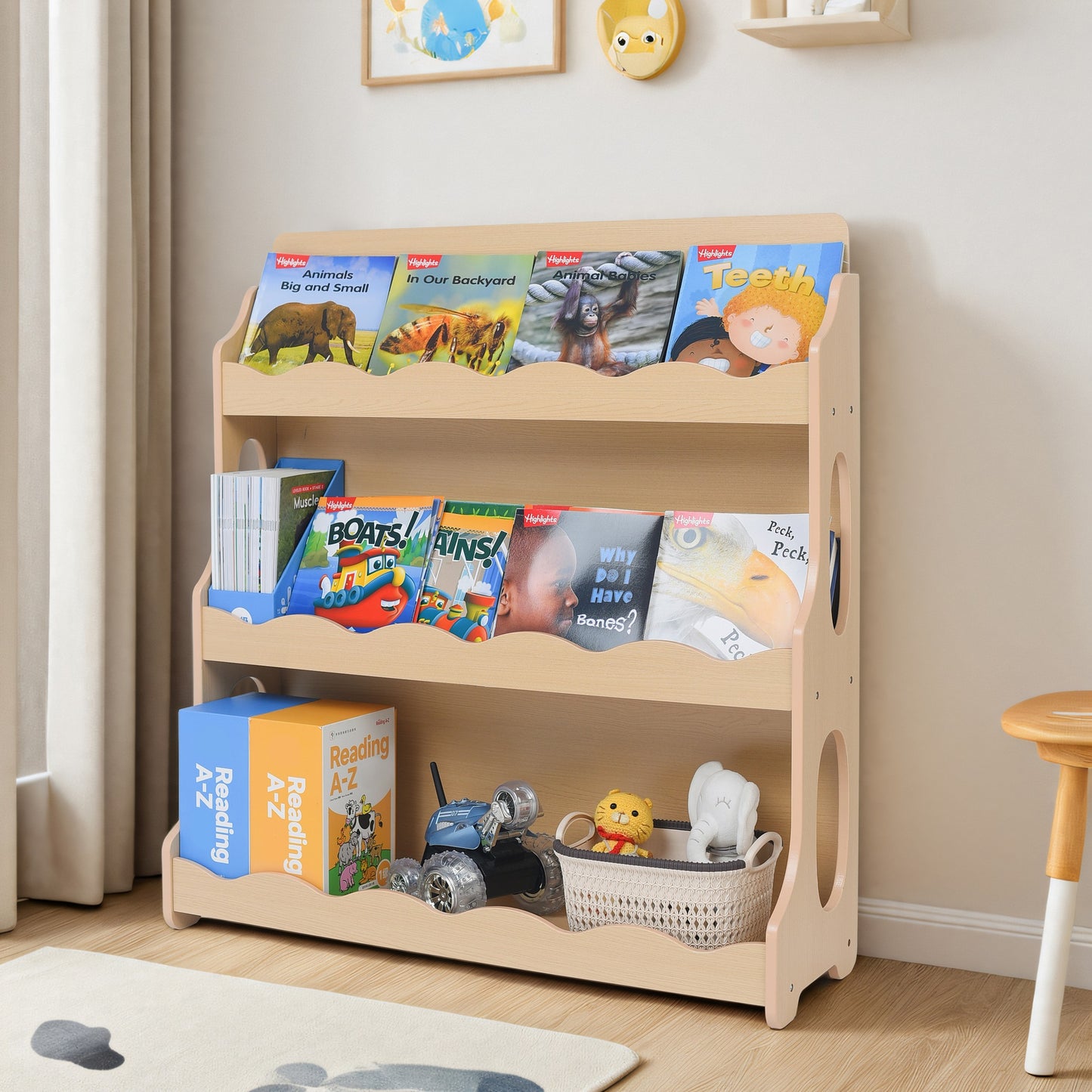 Wooden Bookshelf 3Tier for Kids Organizer Bookcase Indoor L31¼" & W9¾" & H33½"