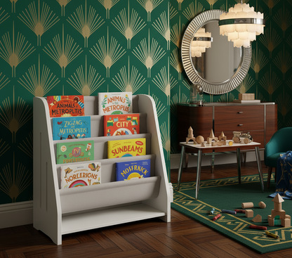 Kids Book Shelf Wooden Montessori Bookshelf Dutch Design 5Tier Scalloped,Milkywhite