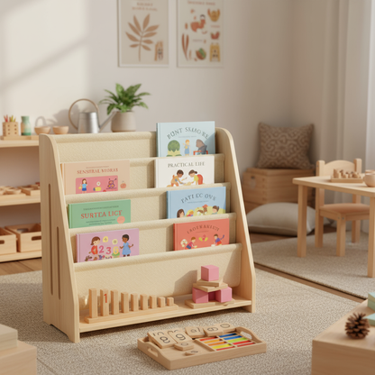 AMMEHOELA Kids Book Shelf Wooden Montessori Bookshelf Dutch Design 5Tier Scalloped,NaturalMapleWood Pattern