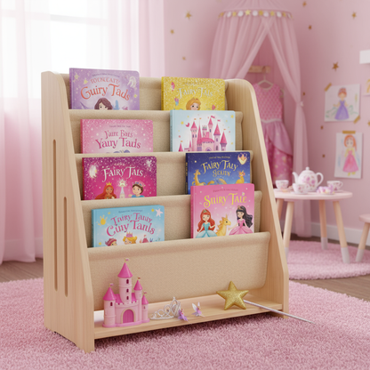 AMMEHOELA Kids Book Shelf Wooden Montessori Bookshelf Dutch Design 5Tier Scalloped,NaturalMapleWood Pattern